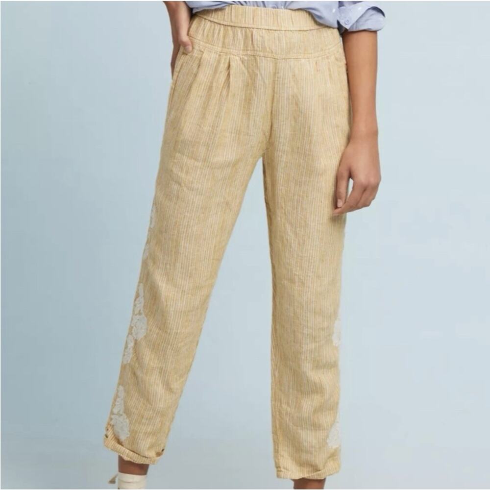 Anthropologie Linen Casual Pant Floral Embroidered Yellow Cream Pull On Size M